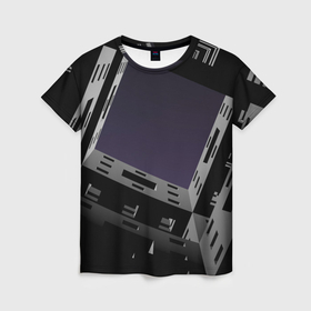 Женская футболка 3D с принтом Тёмный абстрактный металлический лабиринт и небо в Петрозаводске, 100% полиэфир ( синтетическое хлопкоподобное полотно) | прямой крой, круглый вырез горловины, длина до линии бедер | 
