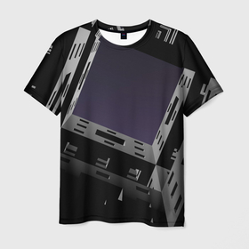 Мужская футболка 3D с принтом Тёмный абстрактный металлический лабиринт и небо , 100% полиэфир | прямой крой, круглый вырез горловины, длина до линии бедер | 