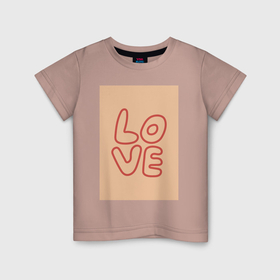 Детская футболка хлопок с принтом рукописный текст слово Love красным цветом на бежевом фоне в Белгороде, 100% хлопок | круглый вырез горловины, полуприлегающий силуэт, длина до линии бедер | Тематика изображения на принте: 