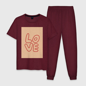 Мужская пижама хлопок с принтом рукописный текст слово Love красным цветом на бежевом фоне в Белгороде, 100% хлопок | брюки и футболка прямого кроя, без карманов, на брюках мягкая резинка на поясе и по низу штанин
 | 