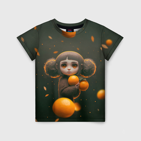 Детская футболка 3D с принтом Милая девушка с мандаринами в Санкт-Петербурге, 100% гипоаллергенный полиэфир | прямой крой, круглый вырез горловины, длина до линии бедер, чуть спущенное плечо, ткань немного тянется | 