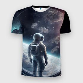 Мужская футболка 3D Slim с принтом Одиночество в космосе в Петрозаводске, 100% полиэстер с улучшенными характеристиками | приталенный силуэт, круглая горловина, широкие плечи, сужается к линии бедра | 