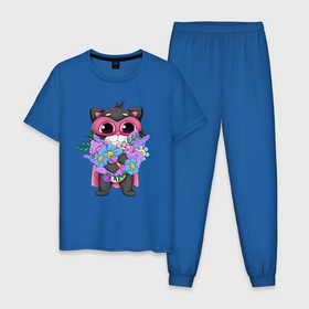 Мужская пижама хлопок с принтом Кот супергерой с цветами в Екатеринбурге, 100% хлопок | брюки и футболка прямого кроя, без карманов, на брюках мягкая резинка на поясе и по низу штанин
 | Тематика изображения на принте: 
