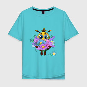 Мужская футболка хлопок Oversize с принтом Пчелка с цветами в Кировске, 100% хлопок | свободный крой, круглый ворот, “спинка” длиннее передней части | 