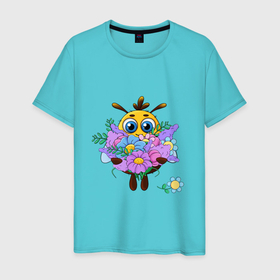 Мужская футболка хлопок с принтом Пчелка с цветами в Екатеринбурге, 100% хлопок | прямой крой, круглый вырез горловины, длина до линии бедер, слегка спущенное плечо. | 