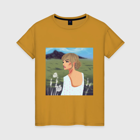 Женская футболка хлопок с принтом портрет девушки на фоне природы в Курске, 100% хлопок | прямой крой, круглый вырез горловины, длина до линии бедер, слегка спущенное плечо | 