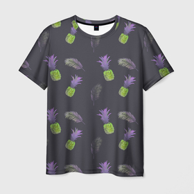 Мужская футболка 3D с принтом паттерн с ананасами , 100% полиэфир | прямой крой, круглый вырез горловины, длина до линии бедер | 