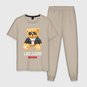 Мужская пижама хлопок с принтом Like a boss мишка в Екатеринбурге, 100% хлопок | брюки и футболка прямого кроя, без карманов, на брюках мягкая резинка на поясе и по низу штанин
 | 