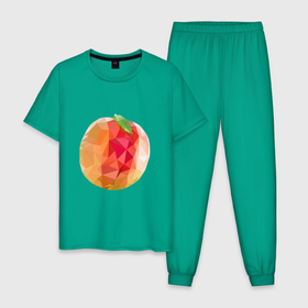 Мужская пижама хлопок с принтом Персик с листом в стиле Low Poly. в Белгороде, 100% хлопок | брюки и футболка прямого кроя, без карманов, на брюках мягкая резинка на поясе и по низу штанин
 | 