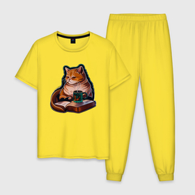 Мужская пижама хлопок с принтом Кот с книгой и чаем в Петрозаводске, 100% хлопок | брюки и футболка прямого кроя, без карманов, на брюках мягкая резинка на поясе и по низу штанин
 | 