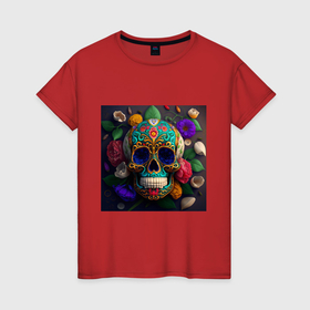 Женская футболка хлопок с принтом Разноцветные черепа в Курске, 100% хлопок | прямой крой, круглый вырез горловины, длина до линии бедер, слегка спущенное плечо | 
