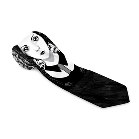 Галстук 3D с принтом Готическая девушка и округлый орнамент с черепами в Белгороде, 100% полиэстер | Длина 148 см; Плотность 150-180 г/м2 | 