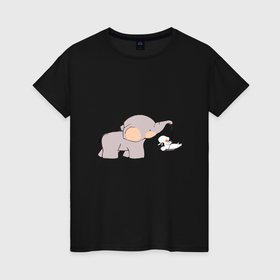 Женская футболка хлопок с принтом слон и заяц в Тюмени, 100% хлопок | прямой крой, круглый вырез горловины, длина до линии бедер, слегка спущенное плечо | 