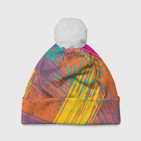 Шапка 3D c помпоном с принтом Абстрактный набор мазков жёлтых, розовый, синий и оранжевых красок в Белгороде, 100% полиэстер | универсальный размер, печать по всей поверхности изделия | 