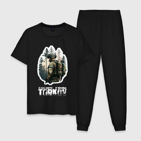 Мужская пижама хлопок с принтом Escape from Tarkov, солдат в лесу в Курске, 100% хлопок | брюки и футболка прямого кроя, без карманов, на брюках мягкая резинка на поясе и по низу штанин
 | 