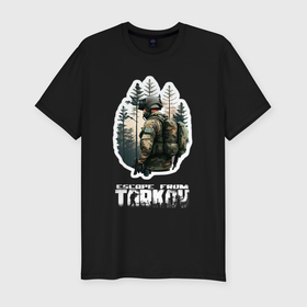 Мужская футболка хлопок Slim с принтом Escape from Tarkov, солдат в лесу в Санкт-Петербурге, 92% хлопок, 8% лайкра | приталенный силуэт, круглый вырез ворота, длина до линии бедра, короткий рукав | 