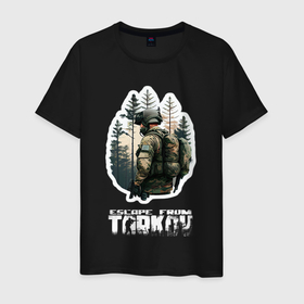 Мужская футболка хлопок с принтом Escape from Tarkov, солдат в лесу в Тюмени, 100% хлопок | прямой крой, круглый вырез горловины, длина до линии бедер, слегка спущенное плечо. | 