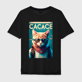 Мужская футболка хлопок Oversize с принтом Кот в очках с платком в Белгороде, 100% хлопок | свободный крой, круглый ворот, “спинка” длиннее передней части | Тематика изображения на принте: 