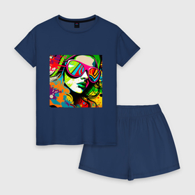 Женская пижама с шортиками хлопок с принтом Женское лицо в солнцезащитных очках, граффити поп арт в Кировске, 100% хлопок | футболка прямого кроя, шорты свободные с широкой мягкой резинкой | 