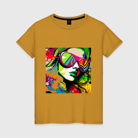 Женская футболка хлопок с принтом Женское лицо в солнцезащитных очках, граффити поп арт в Кировске, 100% хлопок | прямой крой, круглый вырез горловины, длина до линии бедер, слегка спущенное плечо | 