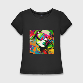 Женская футболка хлопок Slim с принтом Женское лицо в солнцезащитных очках, граффити поп арт ,  |  | 