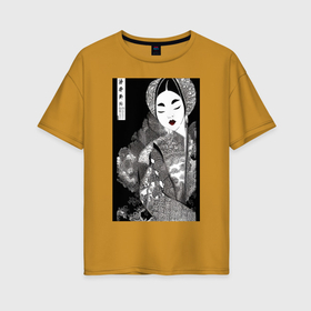 Женская футболка хлопок Oversize с принтом Японская женщина в Тюмени, 100% хлопок | свободный крой, круглый ворот, спущенный рукав, длина до линии бедер
 | 