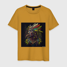 Мужская футболка хлопок с принтом Яркий индеец в Курске, 100% хлопок | прямой крой, круглый вырез горловины, длина до линии бедер, слегка спущенное плечо. | 