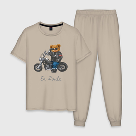Мужская пижама хлопок с принтом Крутой мотоциклист медведь в Екатеринбурге, 100% хлопок | брюки и футболка прямого кроя, без карманов, на брюках мягкая резинка на поясе и по низу штанин
 | 
