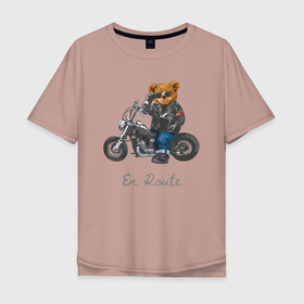 Мужская футболка хлопок Oversize с принтом Крутой мотоциклист медведь в Екатеринбурге, 100% хлопок | свободный крой, круглый ворот, “спинка” длиннее передней части | Тематика изображения на принте: 