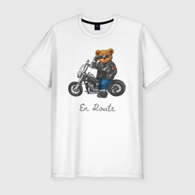 Мужская футболка хлопок Slim с принтом Крутой мотоциклист медведь в Кировске, 92% хлопок, 8% лайкра | приталенный силуэт, круглый вырез ворота, длина до линии бедра, короткий рукав | 
