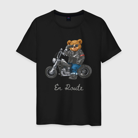 Мужская футболка хлопок с принтом Крутой мотоциклист медведь в Кировске, 100% хлопок | прямой крой, круглый вырез горловины, длина до линии бедер, слегка спущенное плечо. | 