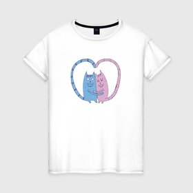 Женская футболка хлопок с принтом Влюблённые котики обнимаются в Новосибирске, 100% хлопок | прямой крой, круглый вырез горловины, длина до линии бедер, слегка спущенное плечо | 