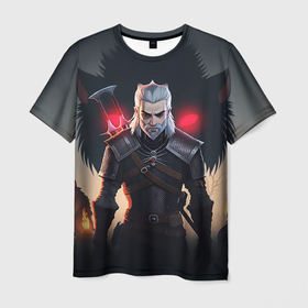 Мужская футболка 3D с принтом The Witcher and wolf в Петрозаводске, 100% полиэфир | прямой крой, круглый вырез горловины, длина до линии бедер | 