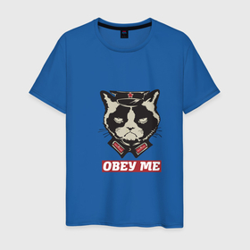 Мужская футболка хлопок с принтом Cat obey me в Белгороде, 100% хлопок | прямой крой, круглый вырез горловины, длина до линии бедер, слегка спущенное плечо. | 