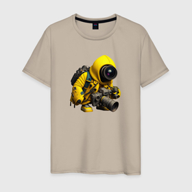 Мужская футболка хлопок с принтом Робот фотоаппарат в желтом дождевике в Белгороде, 100% хлопок | прямой крой, круглый вырез горловины, длина до линии бедер, слегка спущенное плечо. | 