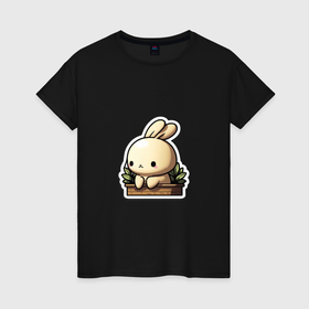 Женская футболка хлопок с принтом Милый кролик стикер в Екатеринбурге, 100% хлопок | прямой крой, круглый вырез горловины, длина до линии бедер, слегка спущенное плечо | 
