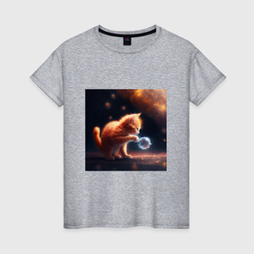 Женская футболка хлопок с принтом Кот и комета в Тюмени, 100% хлопок | прямой крой, круглый вырез горловины, длина до линии бедер, слегка спущенное плечо | 