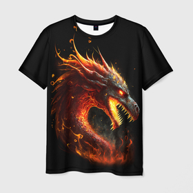 Мужская футболка 3D с принтом Яростный огненный дракон в Новосибирске, 100% полиэфир | прямой крой, круглый вырез горловины, длина до линии бедер | Тематика изображения на принте: 