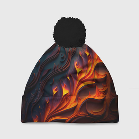Шапка 3D c помпоном с принтом Огненный орнамент с языками пламени в Белгороде, 100% полиэстер | универсальный размер, печать по всей поверхности изделия | 