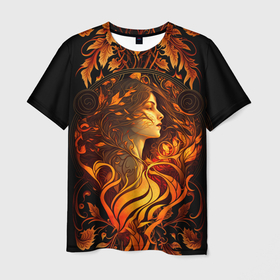 Мужская футболка 3D с принтом Девушка в стиле ар нуво с огнем и осенними листьями , 100% полиэфир | прямой крой, круглый вырез горловины, длина до линии бедер | Тематика изображения на принте: 
