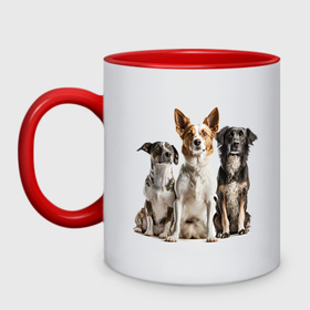 Кружка двухцветная с принтом Три собаки: dogs give us love , керамика | объем — 330 мл, диаметр — 80 мм. Цветная ручка и кайма сверху, в некоторых цветах — вся внутренняя часть | 