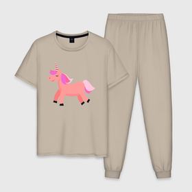 Мужская пижама хлопок с принтом Розовый добрый единорог в Петрозаводске, 100% хлопок | брюки и футболка прямого кроя, без карманов, на брюках мягкая резинка на поясе и по низу штанин
 | Тематика изображения на принте: 