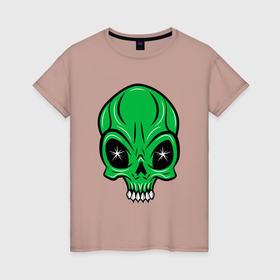 Женская футболка хлопок с принтом Череп зелёного мутанта в Екатеринбурге, 100% хлопок | прямой крой, круглый вырез горловины, длина до линии бедер, слегка спущенное плечо | 