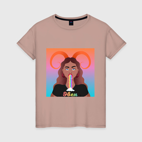 Женская футболка хлопок с принтом Овен с радугой изо рта в Петрозаводске, 100% хлопок | прямой крой, круглый вырез горловины, длина до линии бедер, слегка спущенное плечо | 