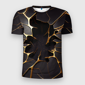 Мужская футболка 3D Slim с принтом Трещины в пропасть: черно золотой узор в Курске, 100% полиэстер с улучшенными характеристиками | приталенный силуэт, круглая горловина, широкие плечи, сужается к линии бедра | 