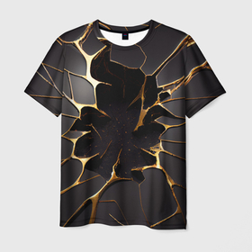 Мужская футболка 3D с принтом Трещины в пропасть: черно золотой узор в Кировске, 100% полиэфир | прямой крой, круглый вырез горловины, длина до линии бедер | 