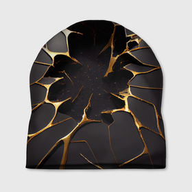 Шапка 3D с принтом Трещины в пропасть: черно золотой узор в Тюмени, 100% полиэстер | универсальный размер, печать по всей поверхности изделия | Тематика изображения на принте: 