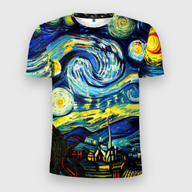 Мужская футболка 3D Slim с принтом Винсент ван Гог, звездная ночь в Екатеринбурге, 100% полиэстер с улучшенными характеристиками | приталенный силуэт, круглая горловина, широкие плечи, сужается к линии бедра | Тематика изображения на принте: 