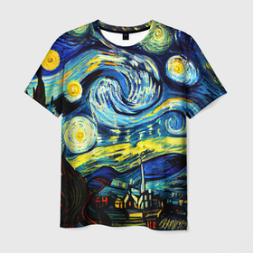 Мужская футболка 3D с принтом Винсент ван Гог, звездная ночь в Екатеринбурге, 100% полиэфир | прямой крой, круглый вырез горловины, длина до линии бедер | 
