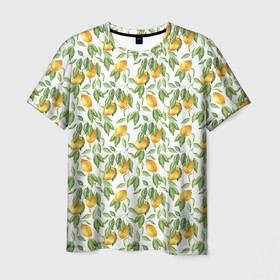 Мужская футболка 3D с принтом Лимоны на ветках   паттерн , 100% полиэфир | прямой крой, круглый вырез горловины, длина до линии бедер | Тематика изображения на принте: 